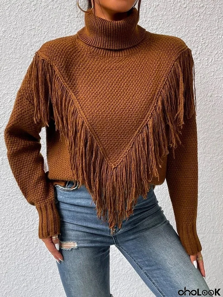 Stylish Long Sleeves Tasseled Split-Joint High-Neck Sweater Tops