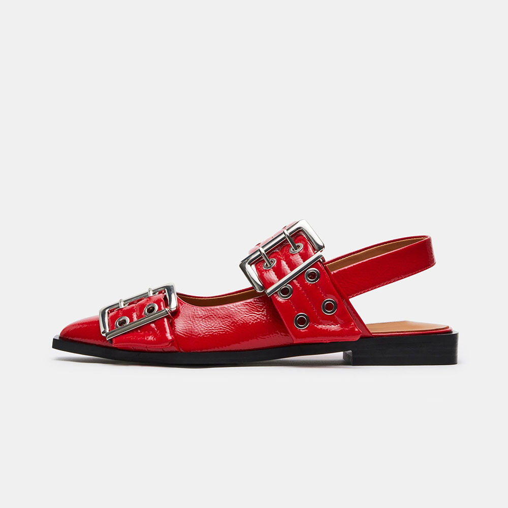 Red Pointed Toe Grommet Buckle Strap Slingback Flat Shoes for Women