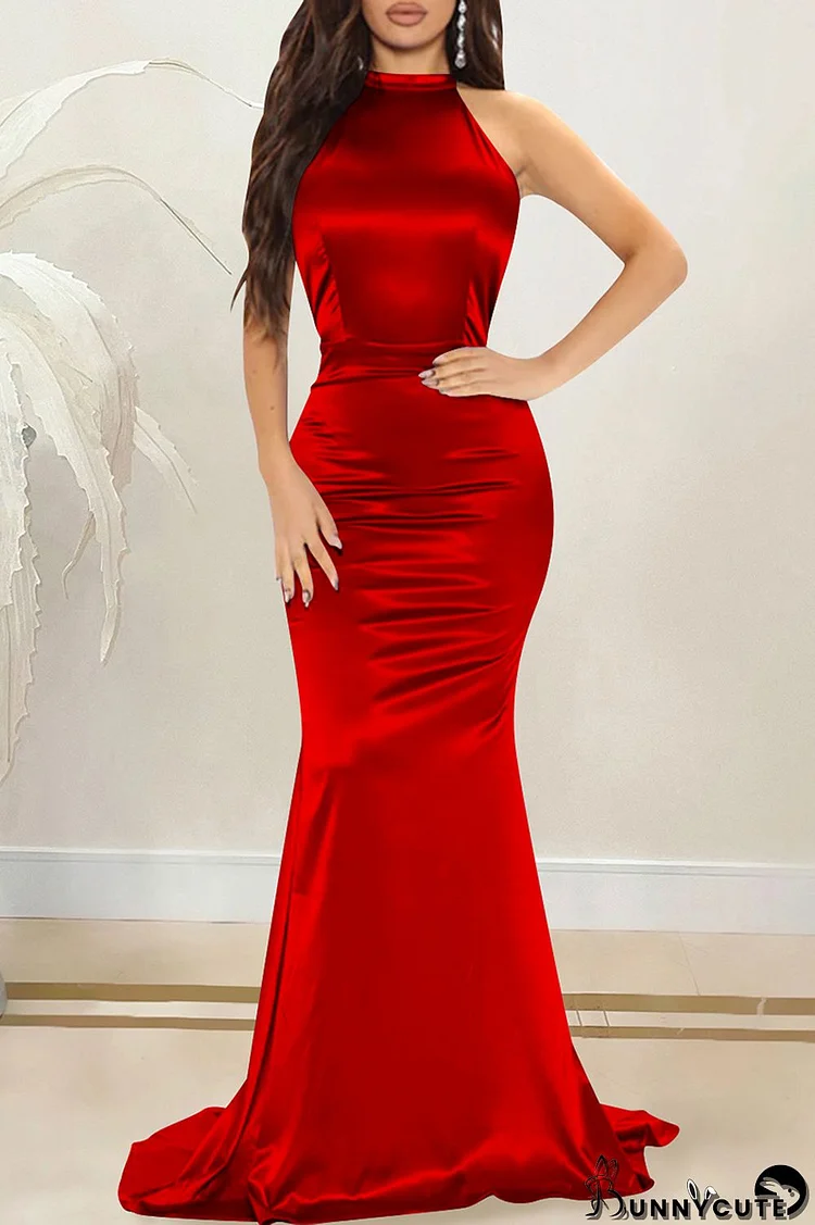 Red Fashion Sexy Solid Backless O Neck Evening Dress