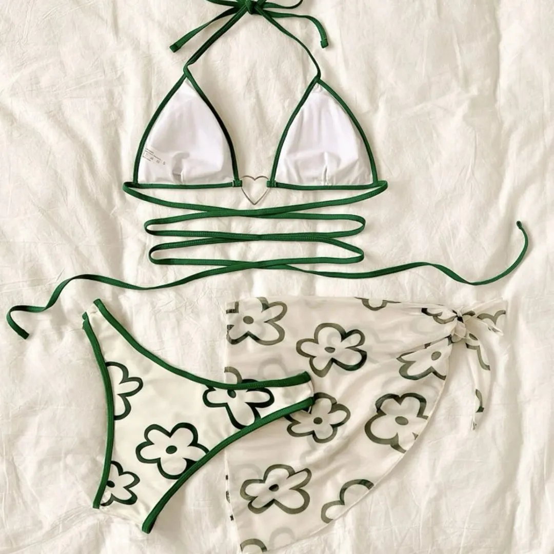 Uveng 2023 New Ins Wind Drawstring Tied With Love Three-Piece Swimsuit Bikini