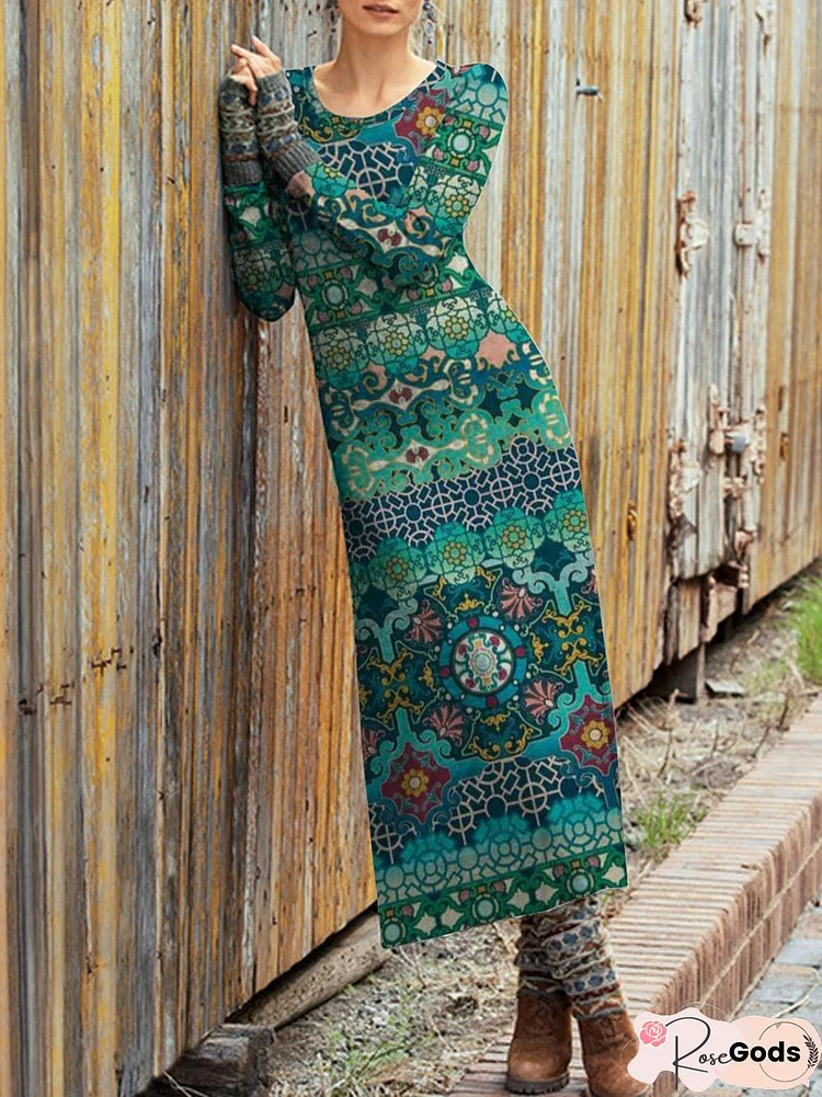 Folk Mandala Colorful Boho Long Dress Plus Size