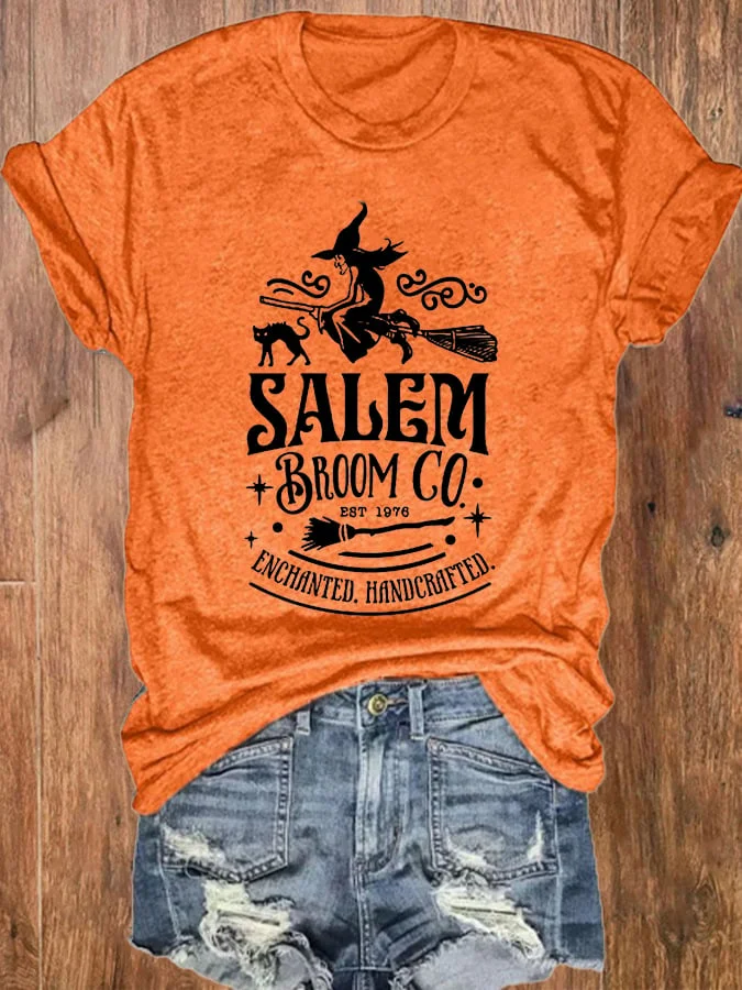 Women's Halloween Salem Broom Company Print O-Neck T-Shirt