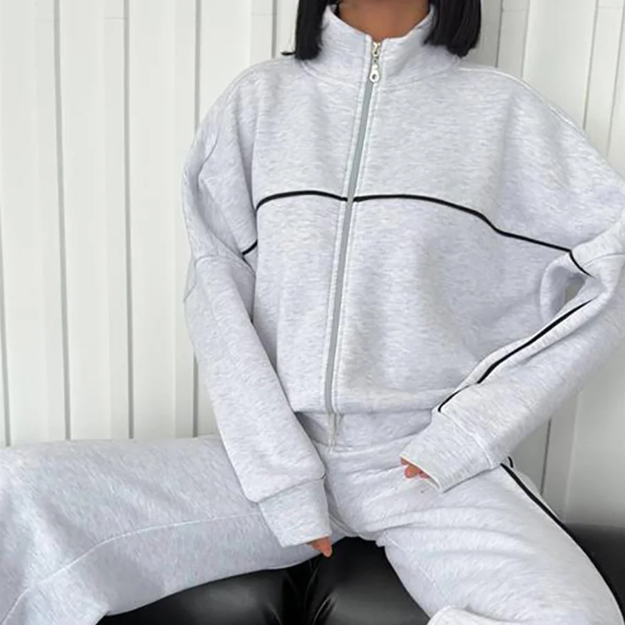 Casual Set Long Sleeve Half High Neck Cardigan Sweatshirt Lace Up Striped Pants