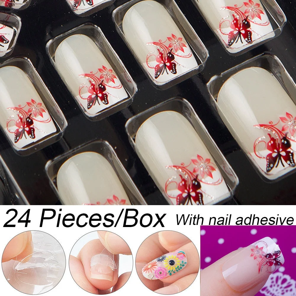 Fashion 24pc/set 10 Sizes Fake Nails Full Cover French False Nail Tips With Double-Sided Nail Adhesive Tab Press On Coffin Nail-Nail Inspo