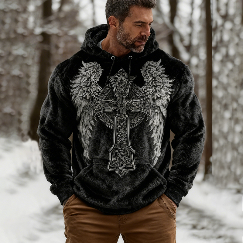 Men's Viking Wings Art Flannel Comfortable Warm Hoodie elevenforest