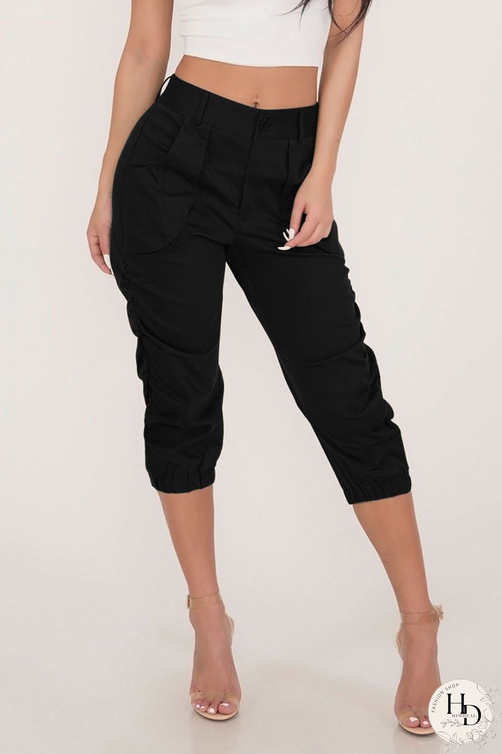 Solid Color Pocket High Waist Pants