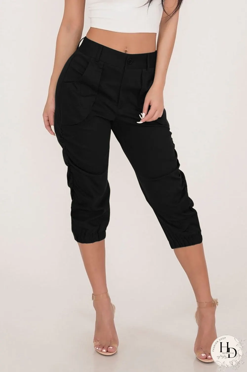 Solid Color Pocket High Waist Pants