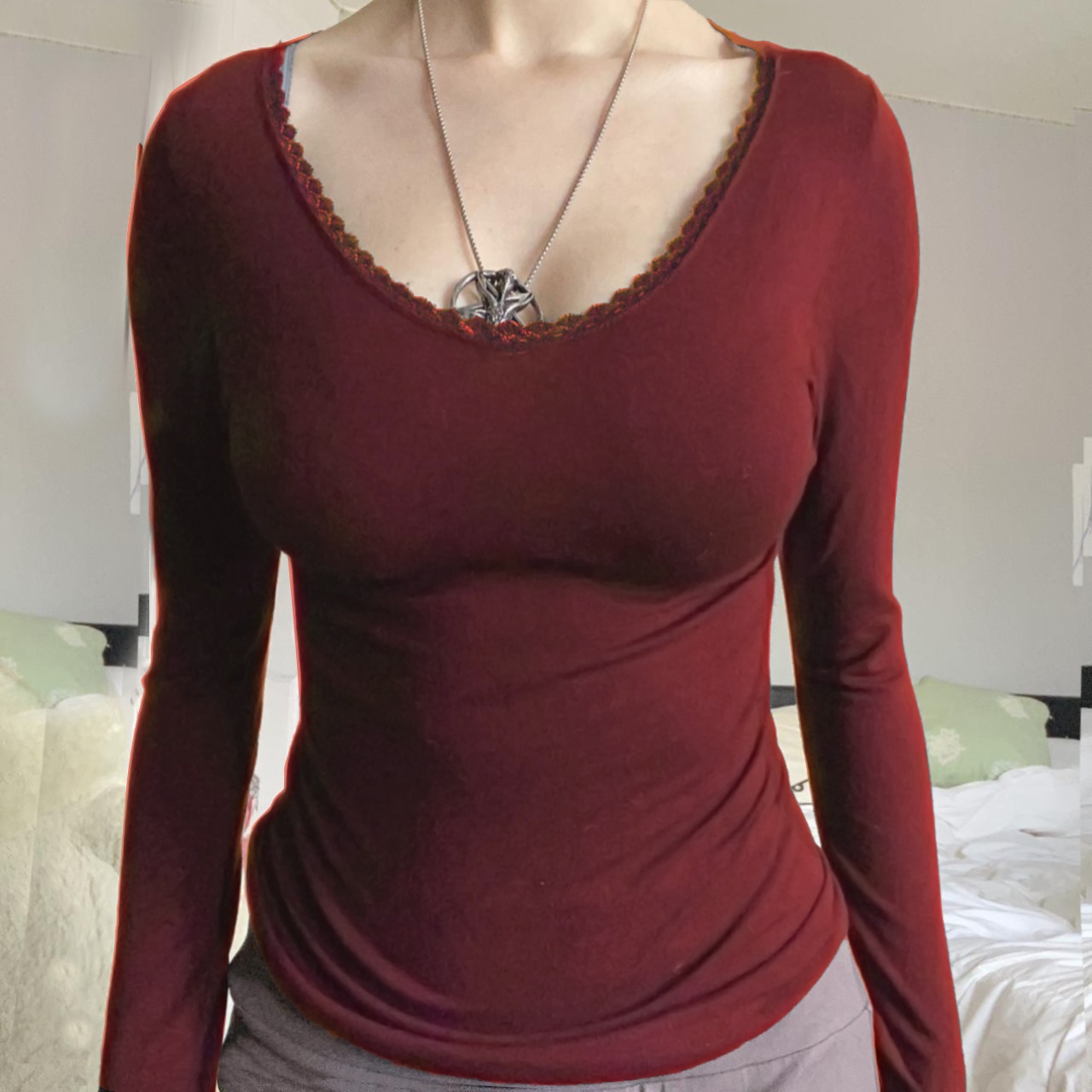 Lindacameron Girly Summer Outfits – Lace Trim Scoop Neck Long Sleeve T-Shirts  
