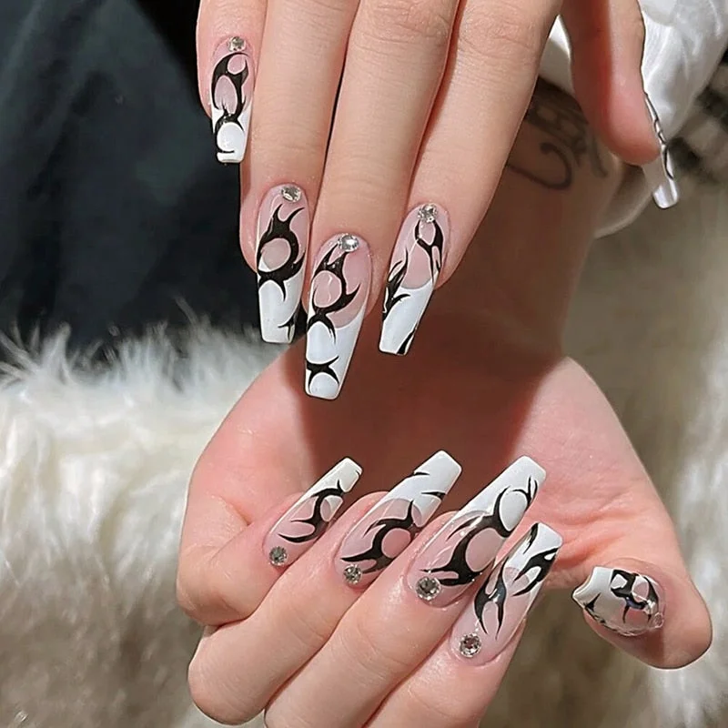 24pcs Printing Nails Patch Mid Length Coffin Detachable Halloween Style Press on Nails Coffin Fake Nails Art DIY Manicure Tool 515-Nail Inspo