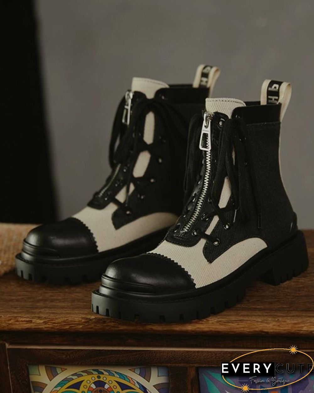 Color Patchwork Round-toe Lace-up Boots