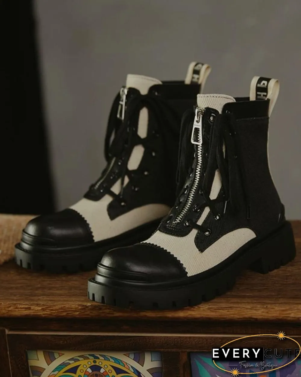 Color Patchwork Round-toe Lace-up Boots