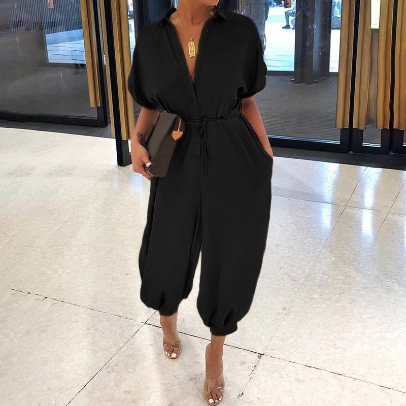Batwing Short Sleeves Buttoned Casual Jumpsuits