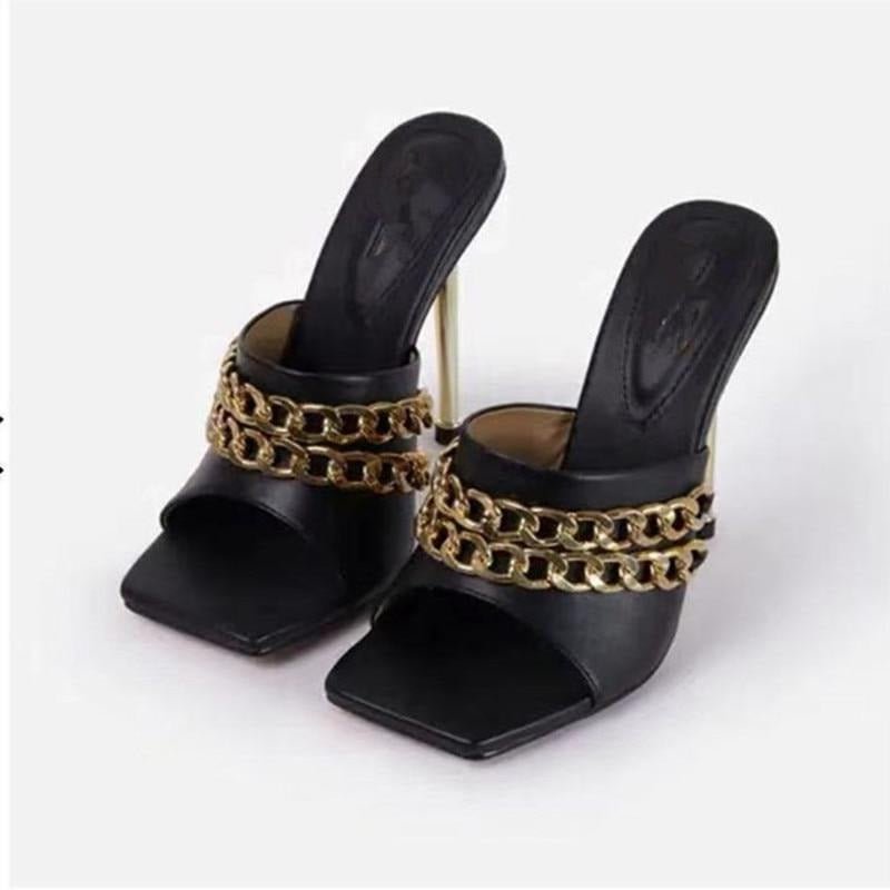 High Heel Sandals Square Toe Chain Decorative Stiletto Heels Slippers