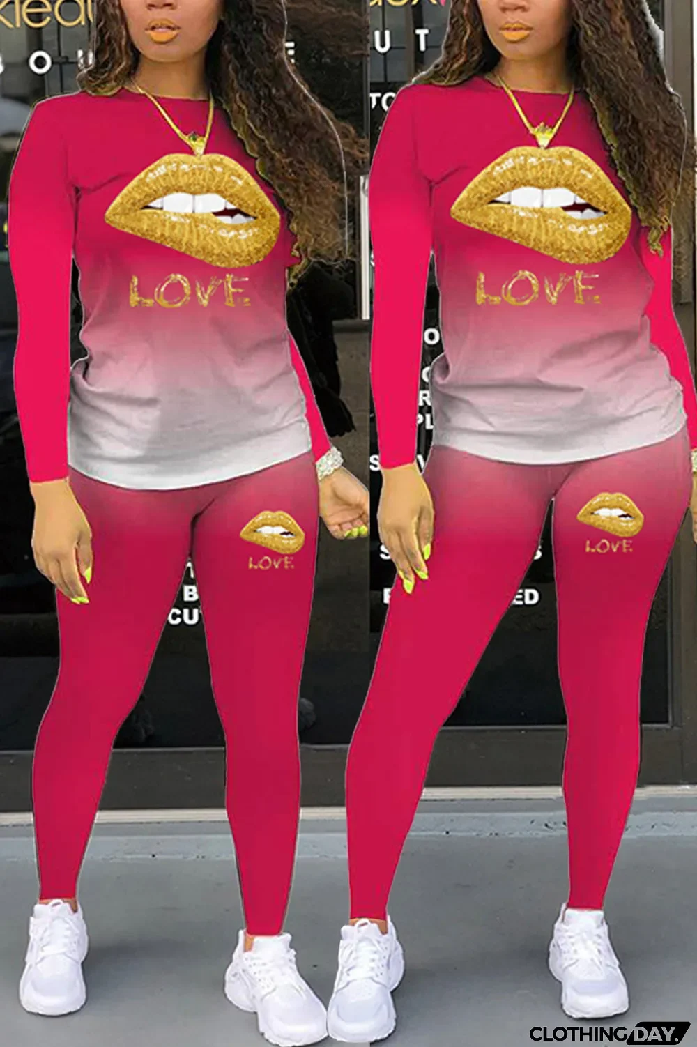 Rose Red Fashion Casual Gradual Change Lips Printed Letter O Neck Long Sleeve Two Pieces