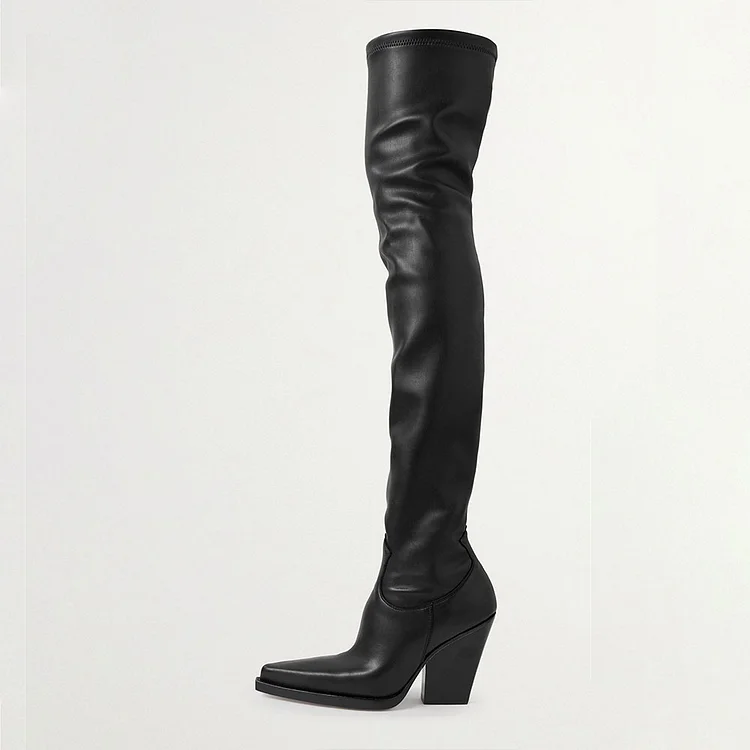 Black Pointe Toe Chunky Heel Tight Thigh High Boots Vdcoo