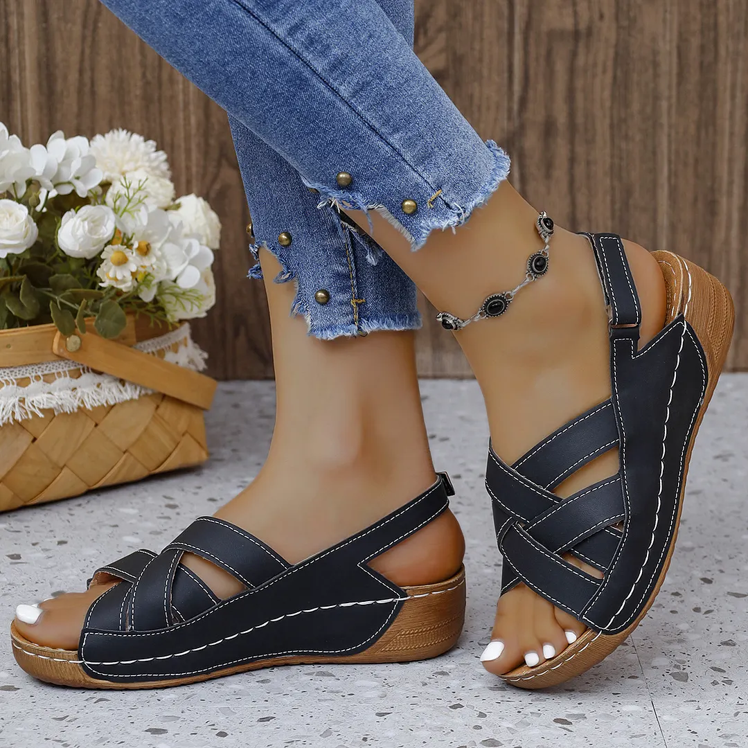 Breakj Breakj Summer New Slope With Magic Sticky Fish Mouth Roman Sandals Women Large-Size Thick-Soled Sandals Women