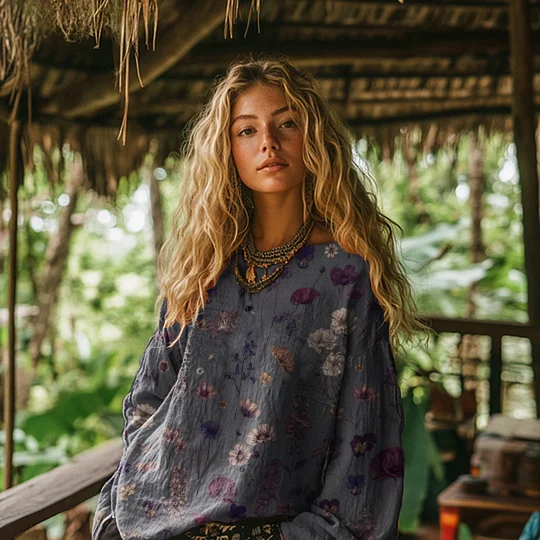 Vintage Floral Print Cotton and Linen Loose Top