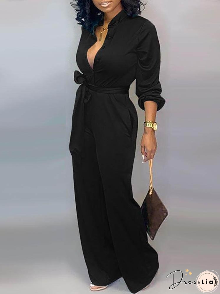 Solid Buttoned Pocket Casual Jumpsuit for Women