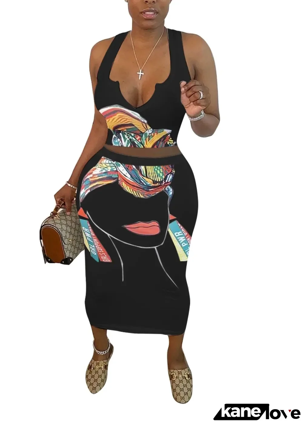 Summer Character Print Vest and Midi Skirt Set