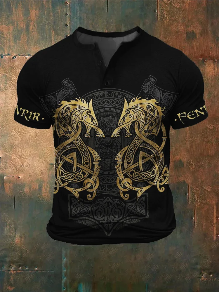 BrosWear Men's Fenrir Celtic Wolf Totem Graphic Henley Shirt