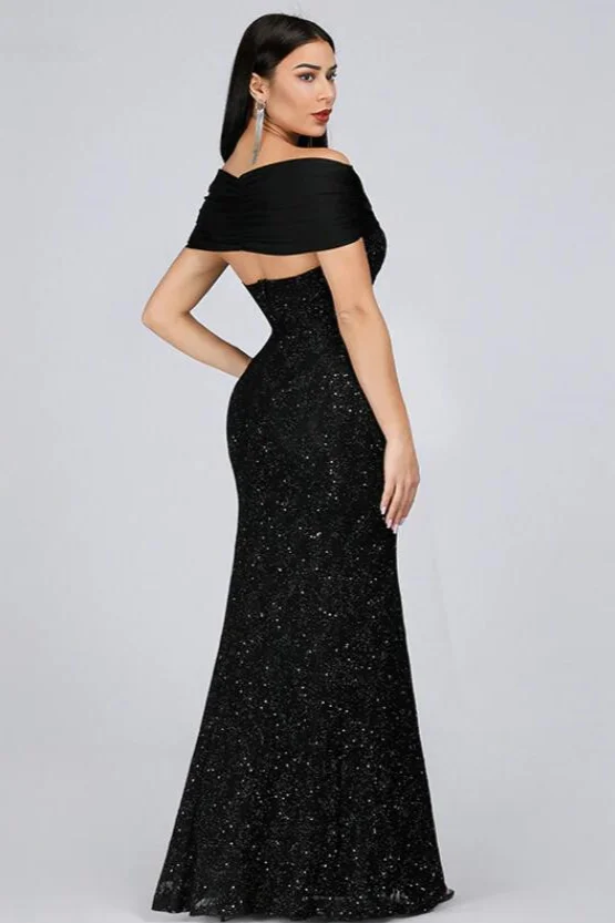 Sexy Off-the-Shoulder Black Evening Gowns Mermaid Sequins Prom Dress Online