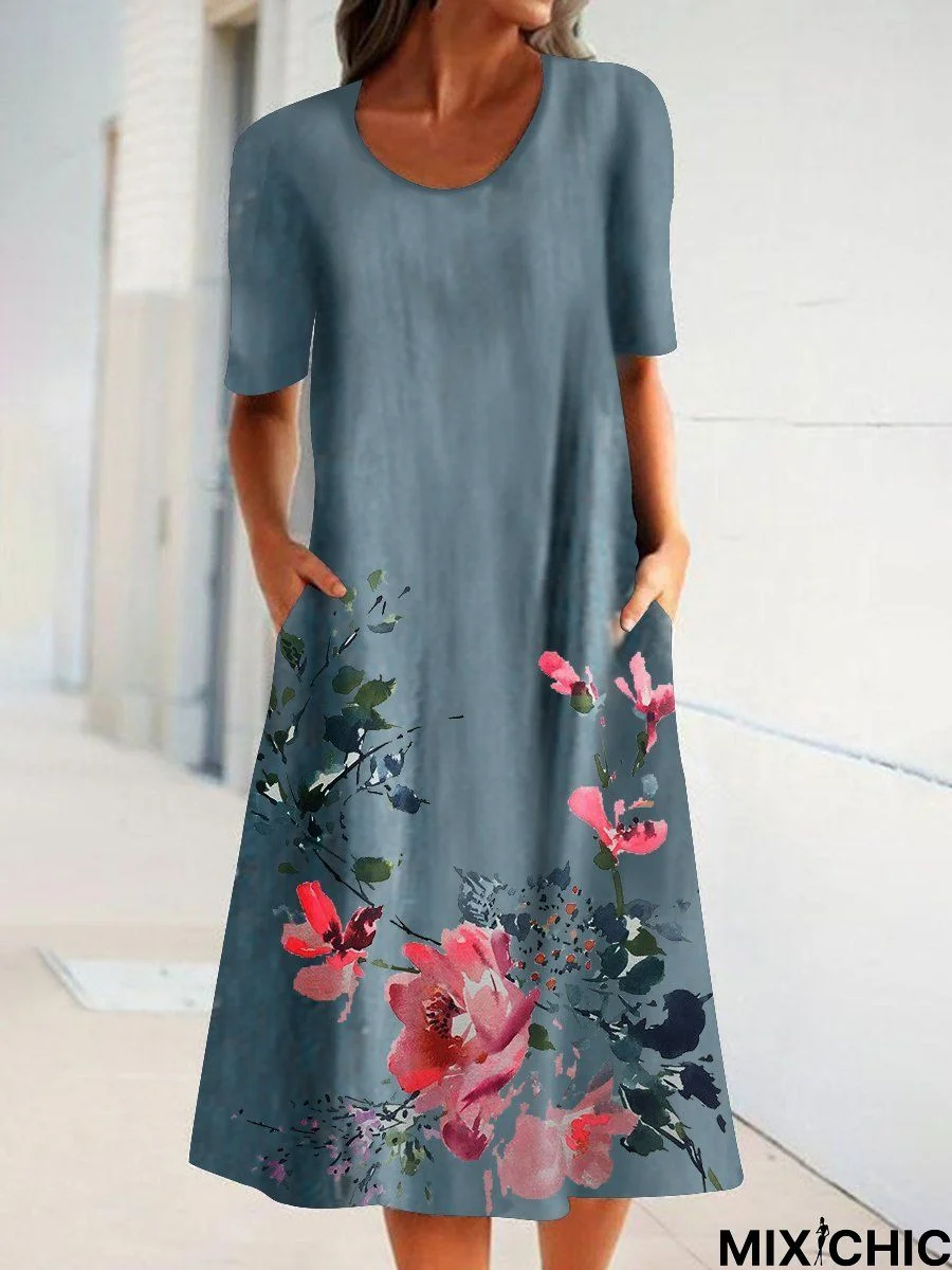 Floral-Print A-Line Short Sleeve Weaving Dress