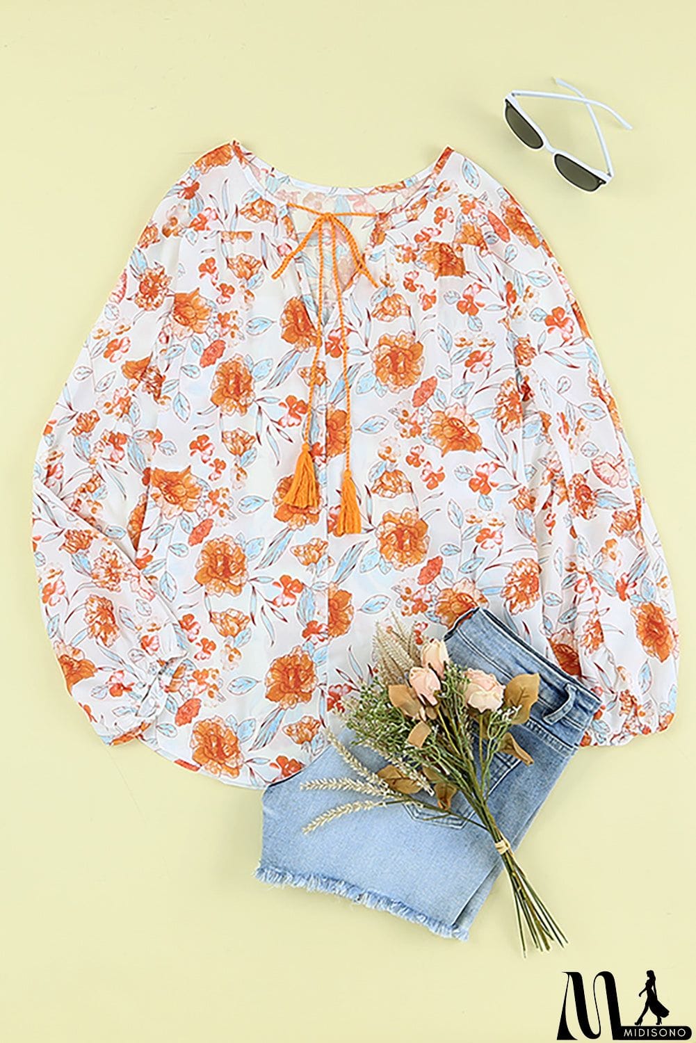 MidiSono - Split V Neck Floral Print Dolman Blouse