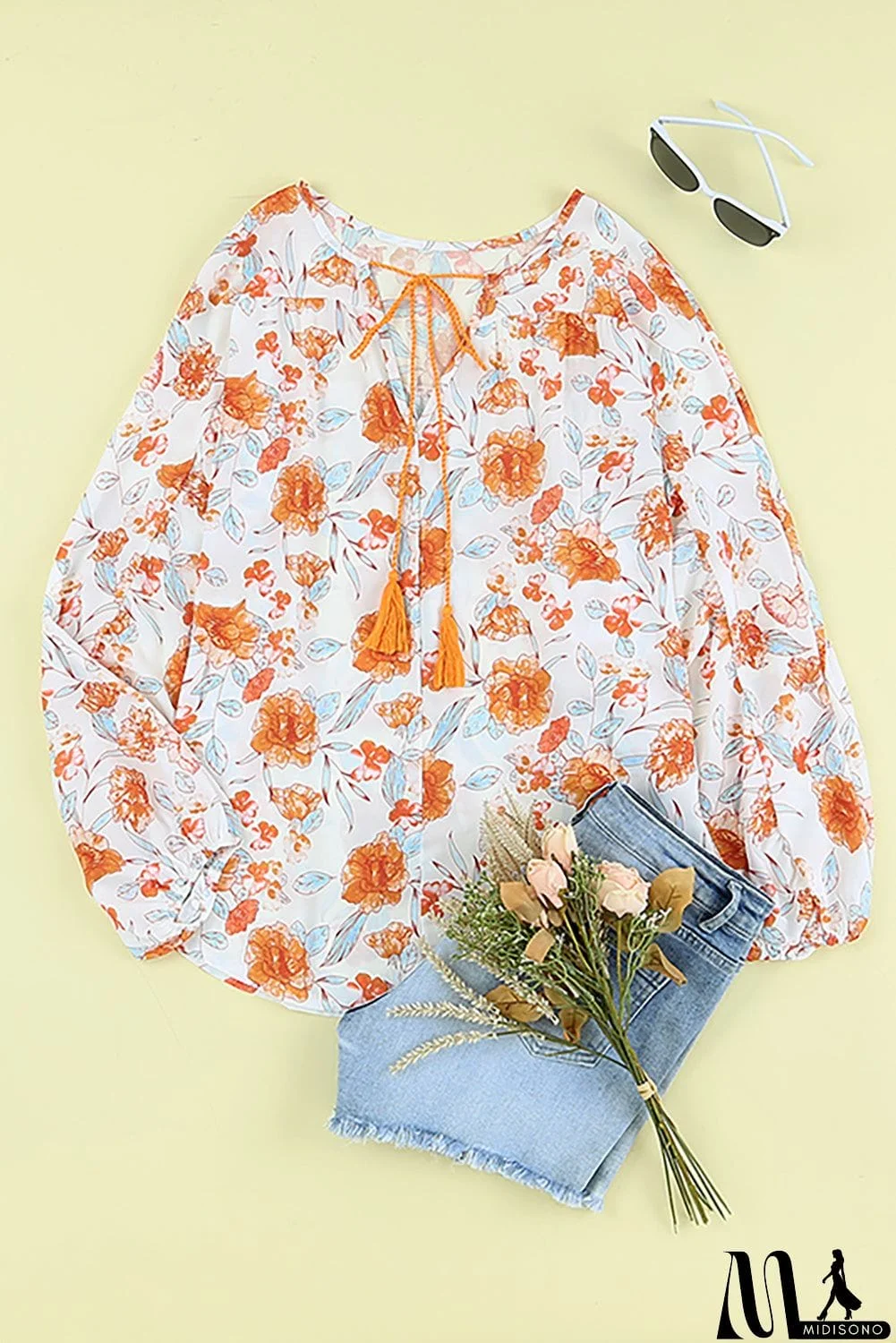 MidiSono - Split V Neck Floral Print Dolman Blouse