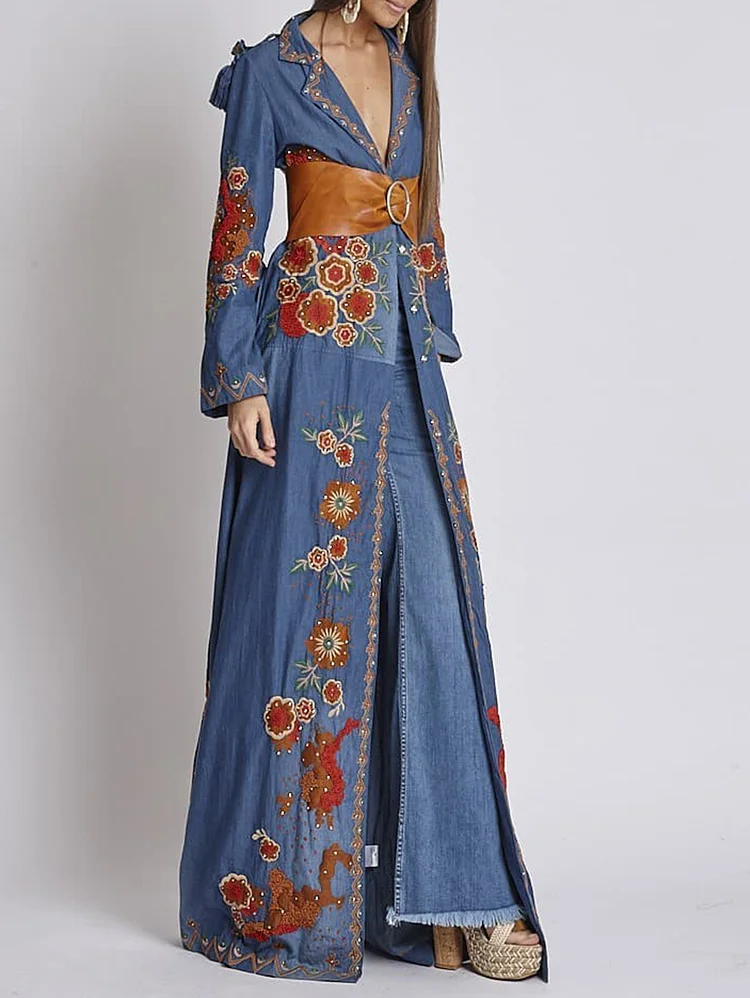 Fashionable Floral Notch Lapel Denim Maxi Dress Coat