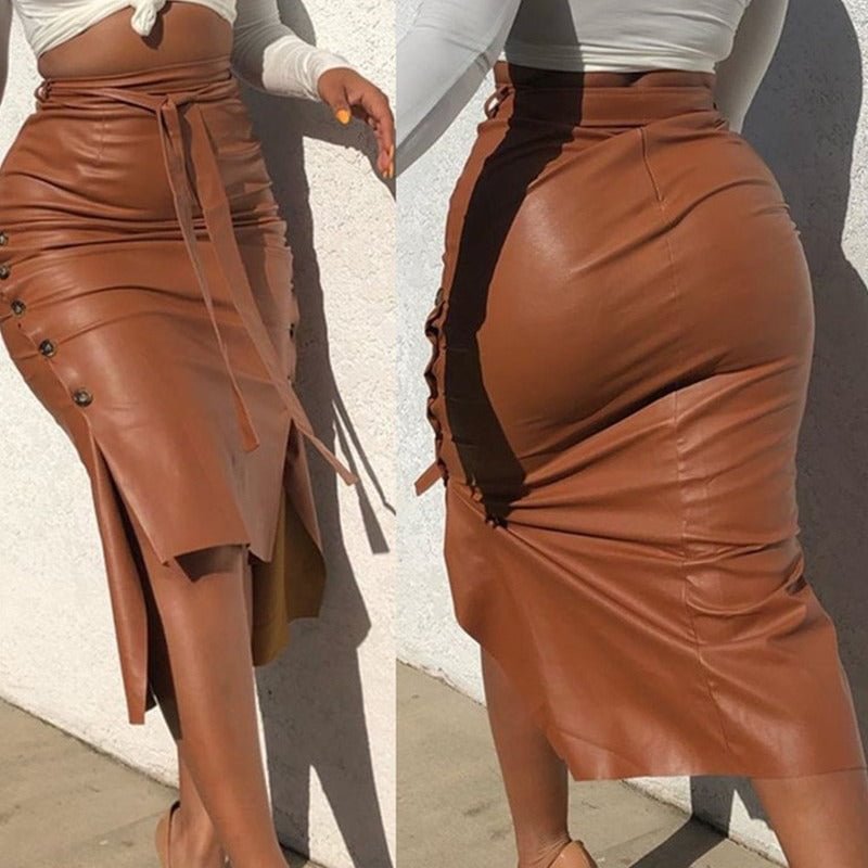 Leather Skirt Women's Slit Slim-fitting Mid-length Sheath Midi Dresses