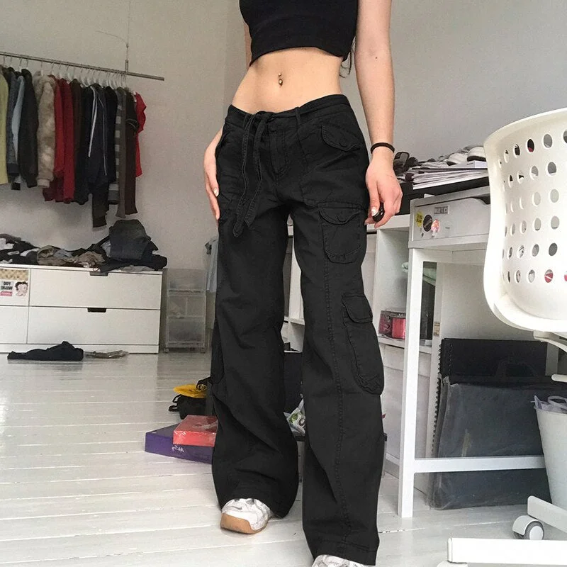 Sweetown Grunge Streetwear Cargo Pants Woman Low Waist Baggy Mom Jeans Vintage 90s Hippie Wide Leg Denim Trousers Korean Outfits