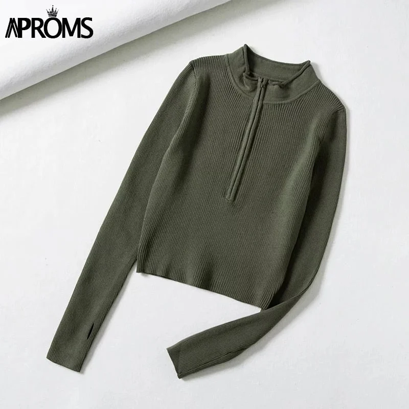 Aproms Elegant High Neck Zipper Front Knitted Sweater Women Solid Basic Cropped Pullover Winter Spring Fashion Clothing Top 2022