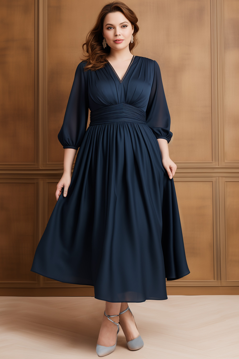 Flycurvy Plus Size Wedding Guest Navy Blue Puff Sleeve Empire Waist Tea-Length Dress