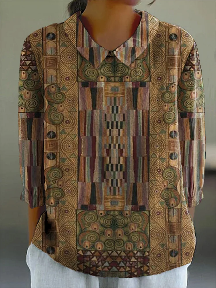 Vintage Geometric Pattern Printed Women's Casual Cotton And Linen 3/4 Sleeve Shirt