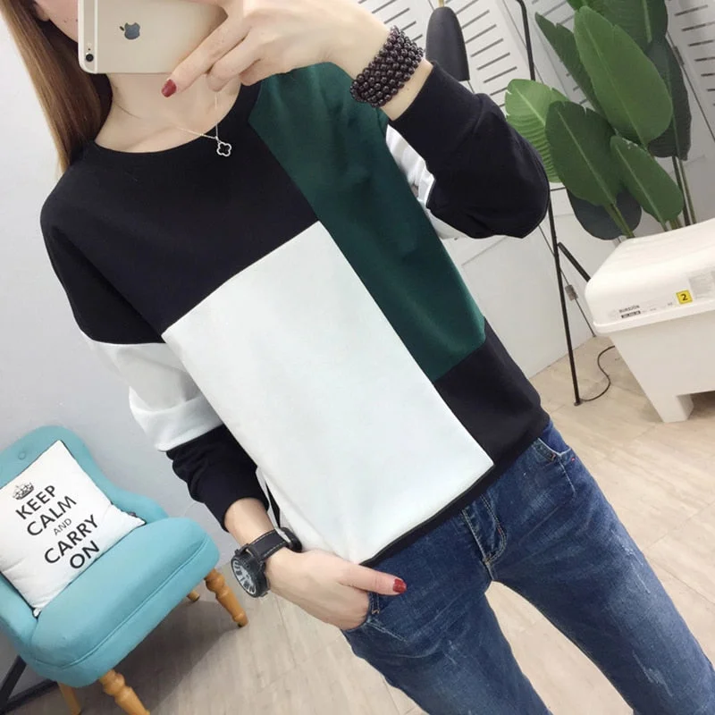 Christmas Gift tee shirt femme plus size women t-shirt autumn winter patchwork o-neck camisetas verano mujer long sleeve t shirt vintage