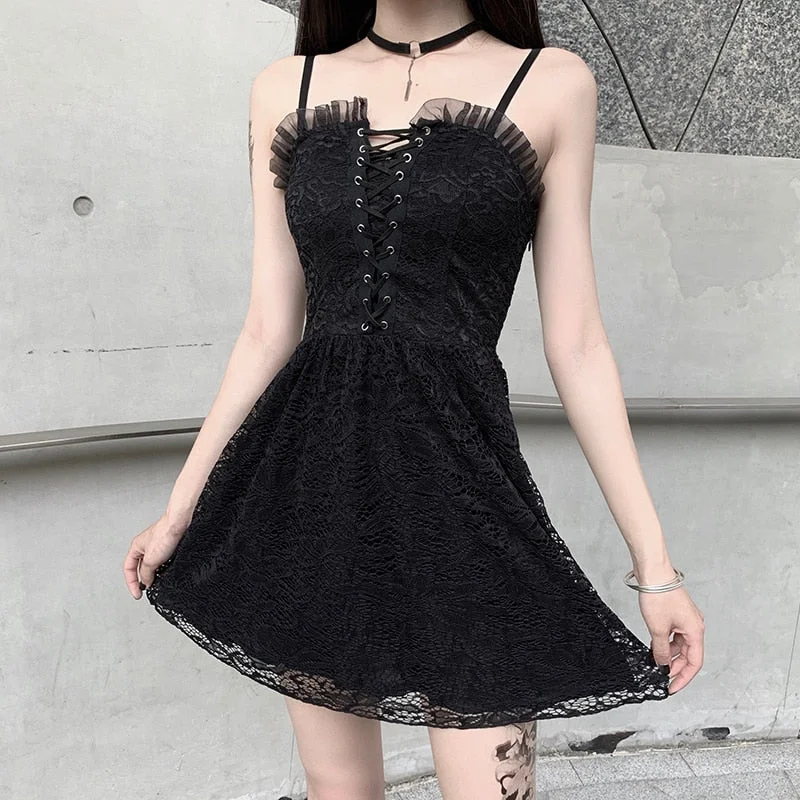 InsGoth Lace Vintage Dress Spaghetti straps Sexy Black Mini Dress Women Gothic Streetwear Pleated Hollow Out Summer Dress
