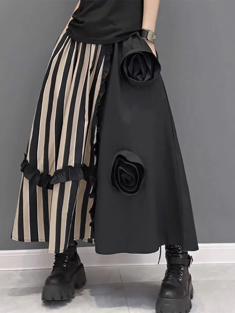 Fashion Loose Casual Ethnic Style Striprd Patchwork Skirts 