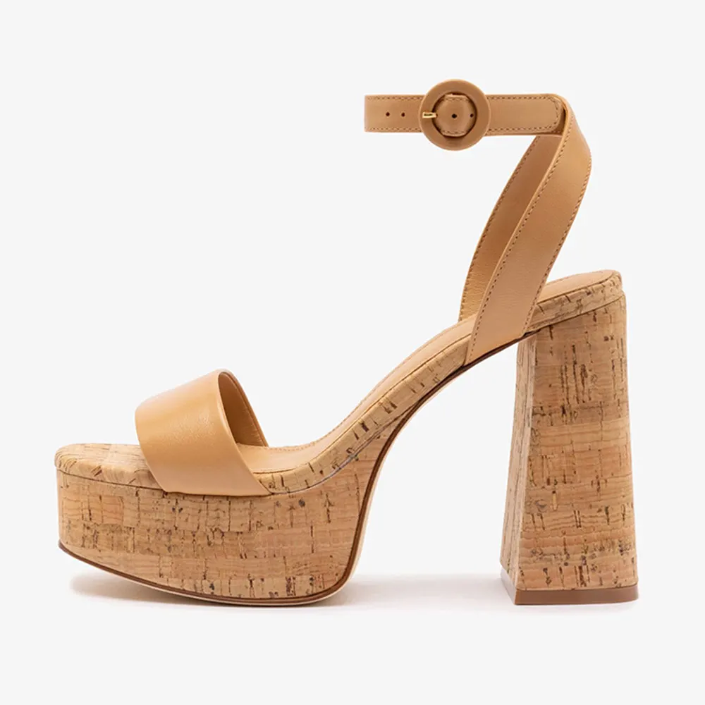 Tan Cross Ankle Strap Platform Women's Heel Sandals with Buckle