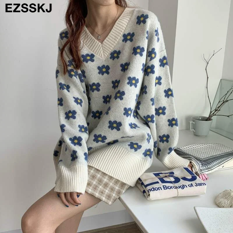 oversize blue floral Sweater Pullovers Women winter autumn thick v-neck chic 2021 sweater long sleeve sweater top