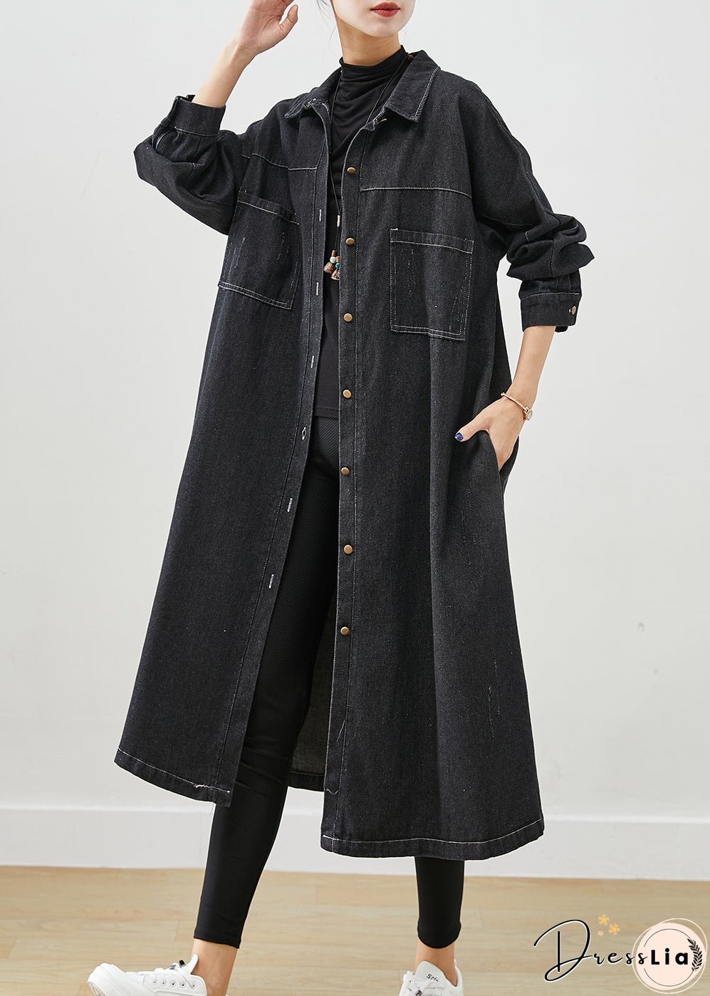 Plus Size Black Oversized Pockets Cotton Coats Fall