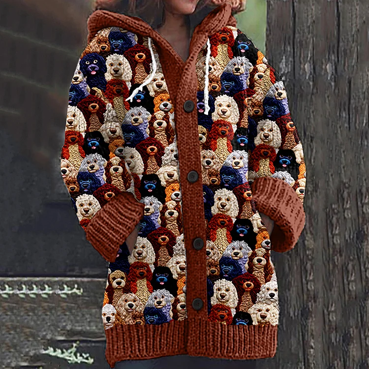 Dog Print Knitted Hooded Cardigan