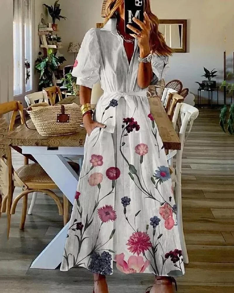 Casual high-waisted short-sleeved printed dress