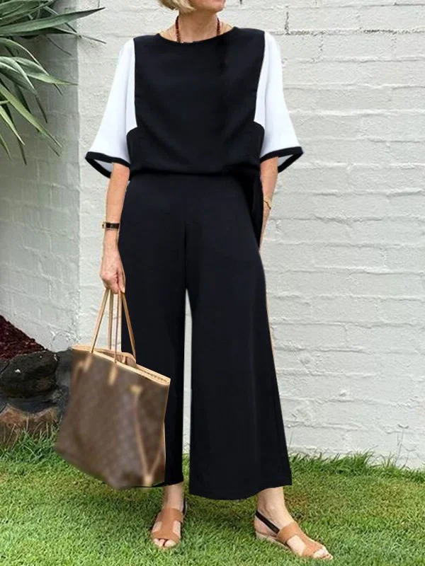 Simple Black And White Color Matching Blouse And Trousers Two-Piece Set