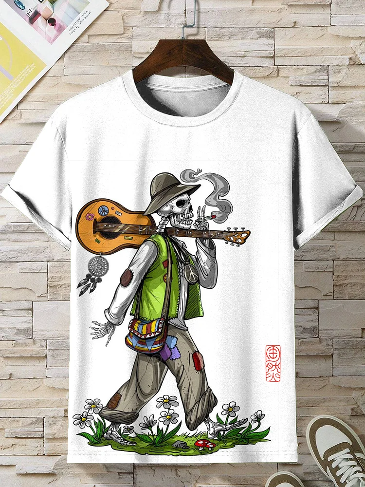 Men's Retro Psychedelic Skull Guitar Natural Art Print T-Shirt