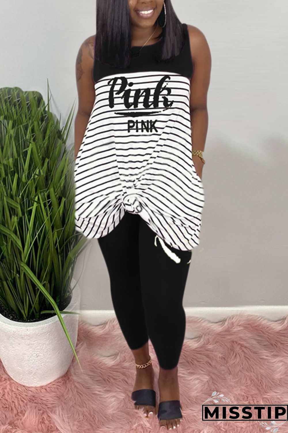 Pink Fashion Casual Striped Letters Printing Sleeveless Set