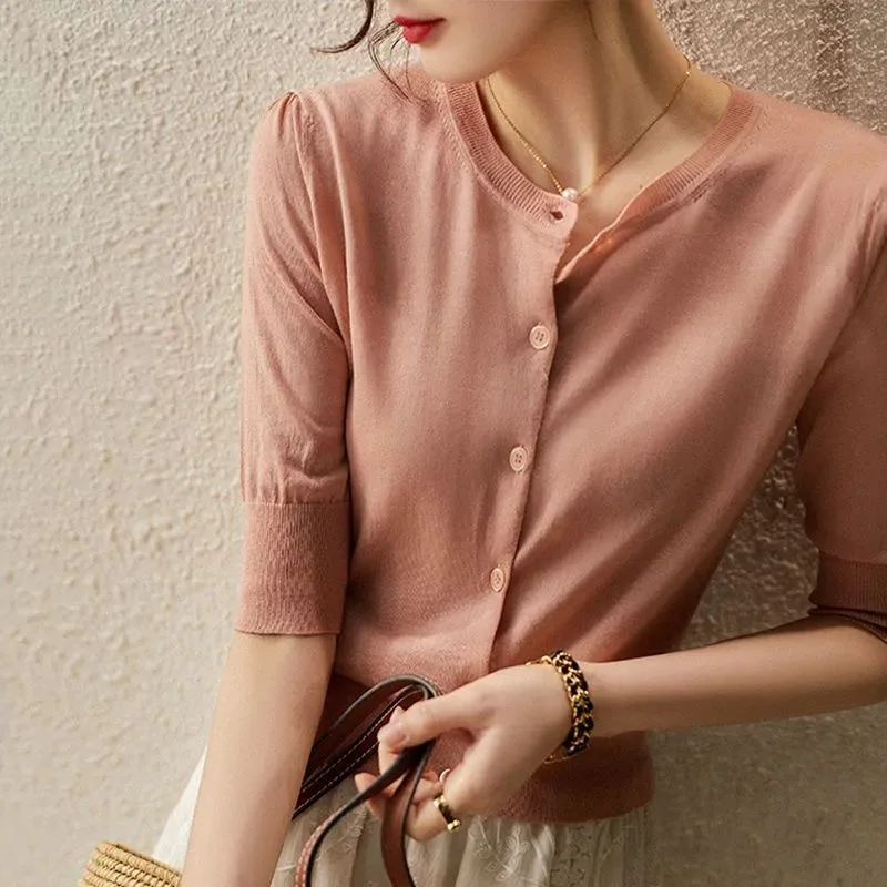 Athvotar Athvotar Knitted Jersey Women's Early Spring Round Collar Collar In The Middle Sleeve Ice Silk Thin Model Hit The Bottom Of The Coat Female Ocean