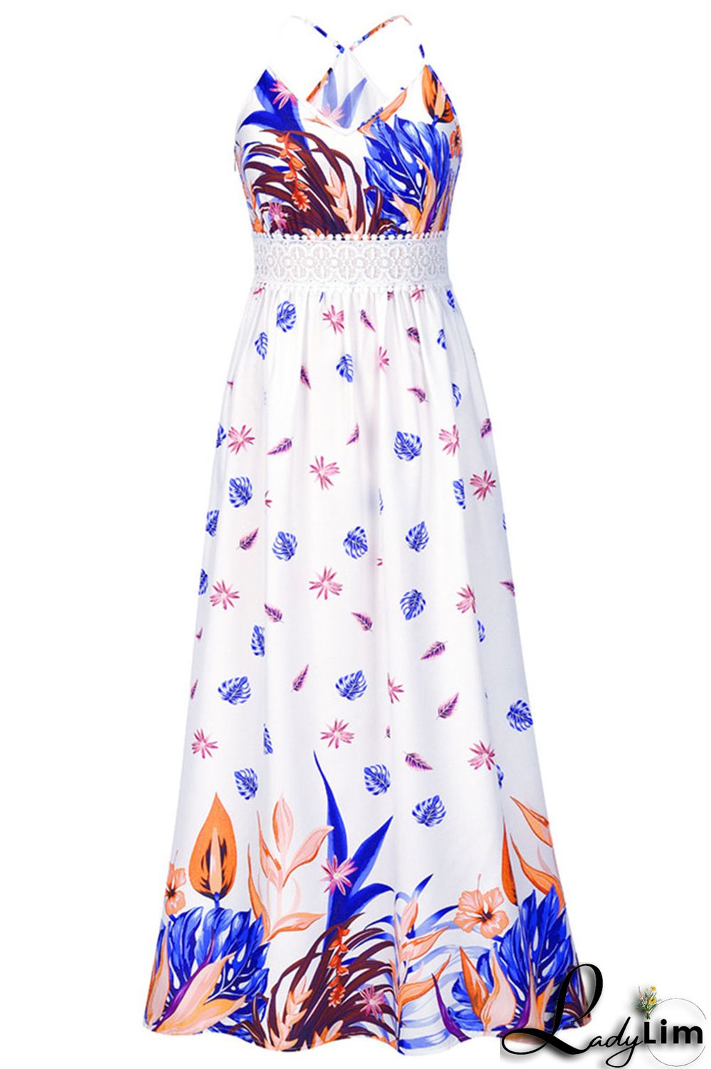 White Sexy Print Patchwork Spaghetti Strap A Line Dresses