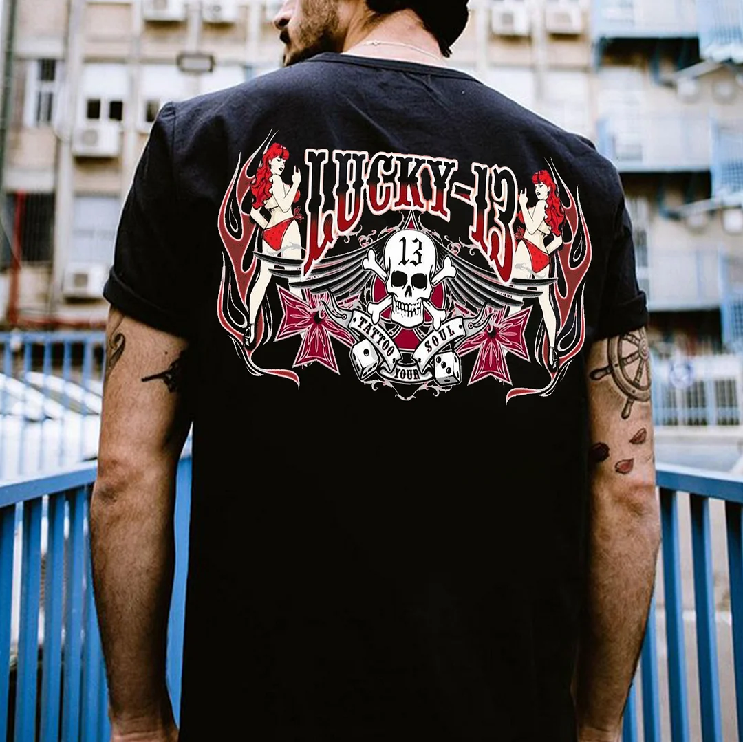 LUCKY 13 Sexy Lady Skull Print Men's T-shirt