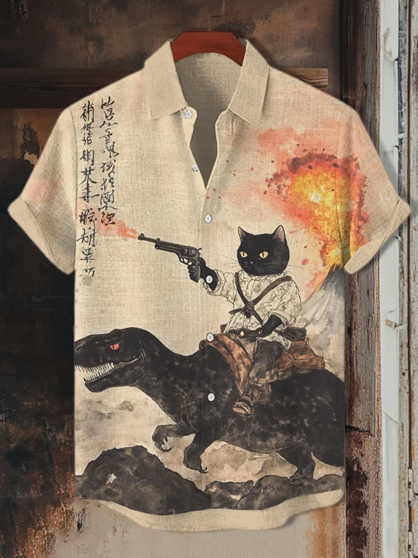Men's Retro Calligraphy Cat Dinosaur Volcanic Eruption Art Print Casual Shirt