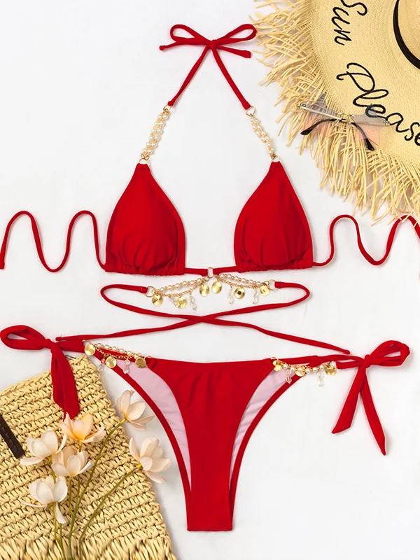 Beaded Decorated Halterneck Triangles Tie Side Backless Bikini Swimwear
